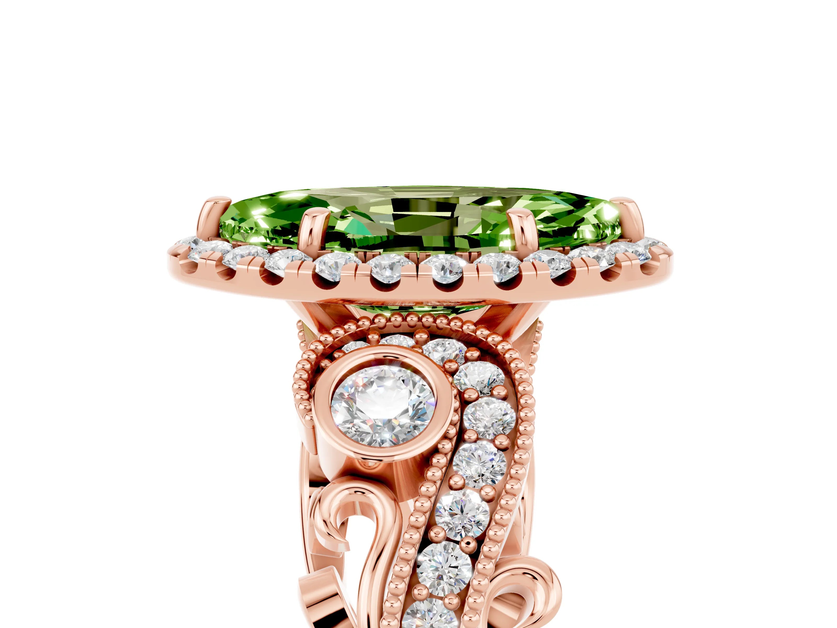 Rose gold Marquise Cut Peridot Halo Ring with Milgrain Pavé Band and Four-Prong Setting_17