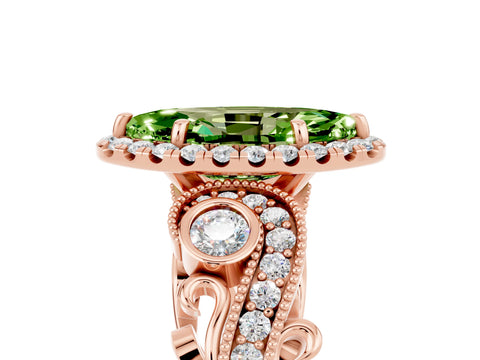 Rose gold Marquise Cut Peridot Halo Ring with Milgrain Pavé Band and Four-Prong Setting_17