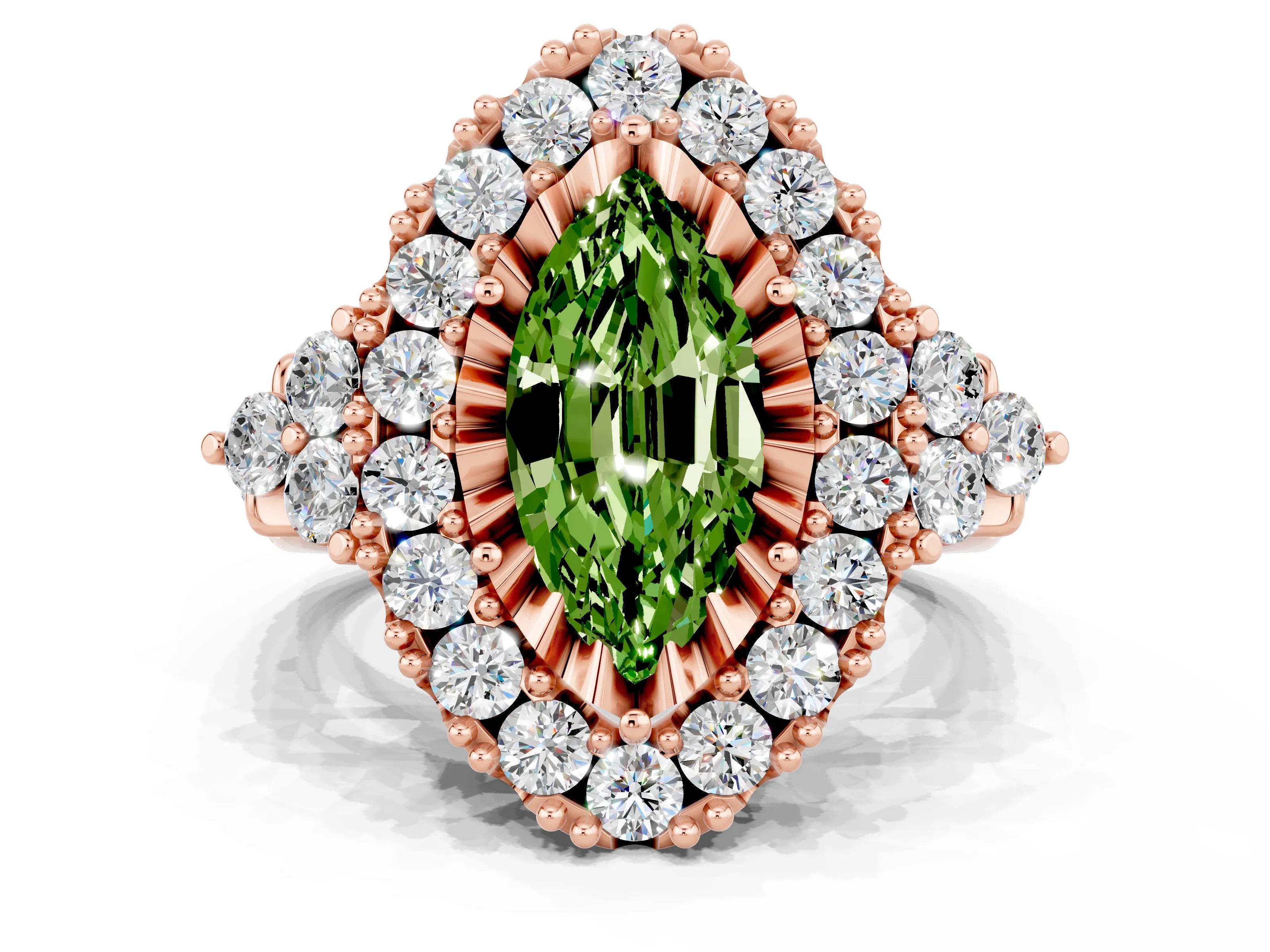 Rose gold Marquise Cut Peridot Halo Ring with Pavé Band and Four-Prong Setting_12
