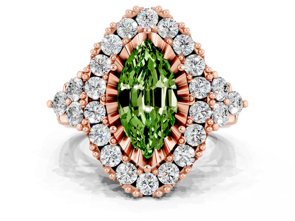 Rose gold Marquise Cut Peridot Halo Ring with Pavé Band and Four-Prong Setting