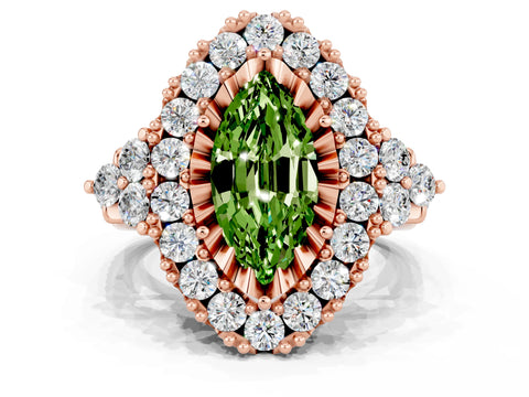 Rose gold Marquise Cut Peridot Halo Ring with Pavé Band and Four-Prong Setting_12