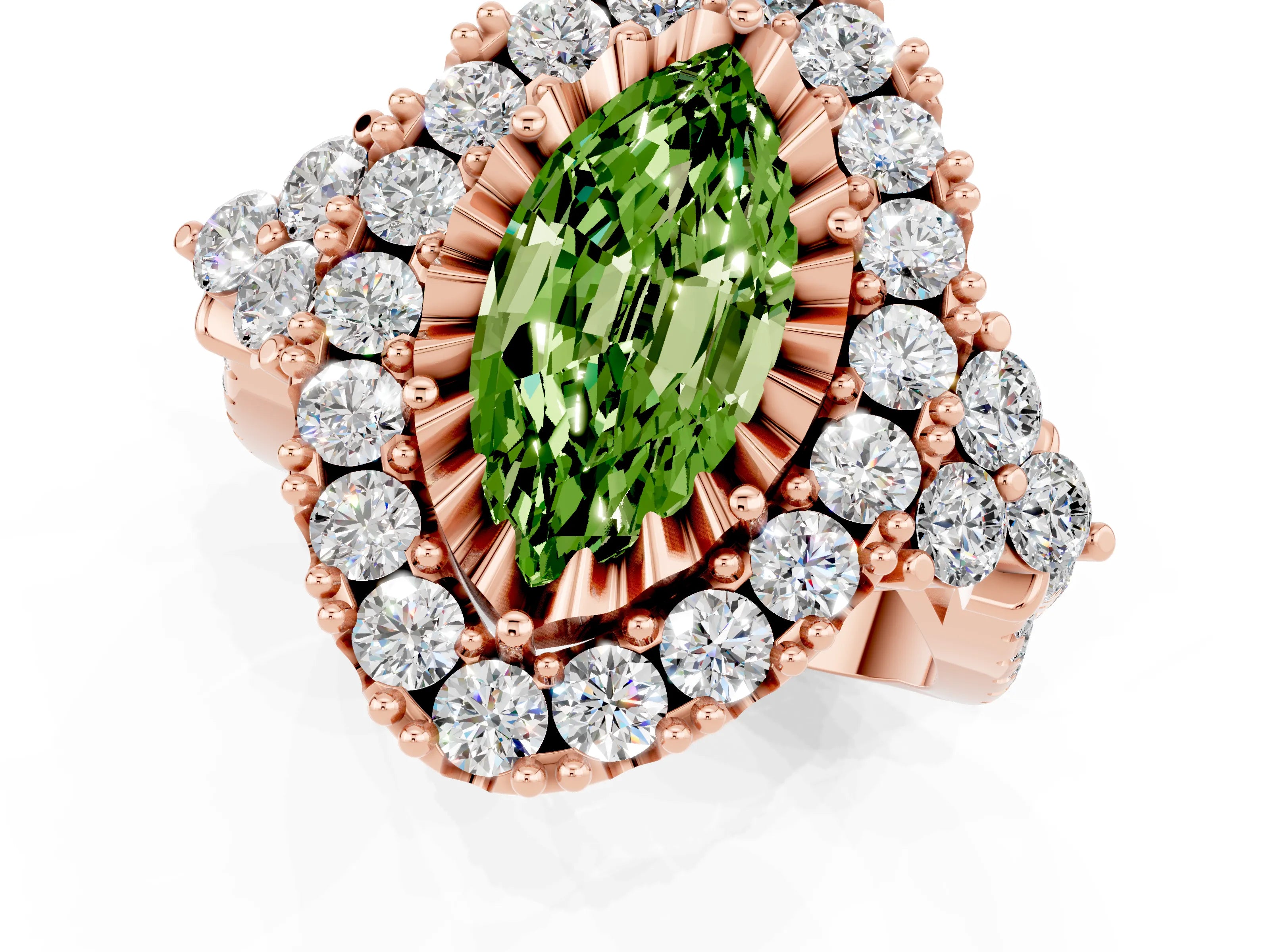 Rose gold Marquise Cut Peridot Halo Ring with Pavé Band and Four-Prong Setting_13