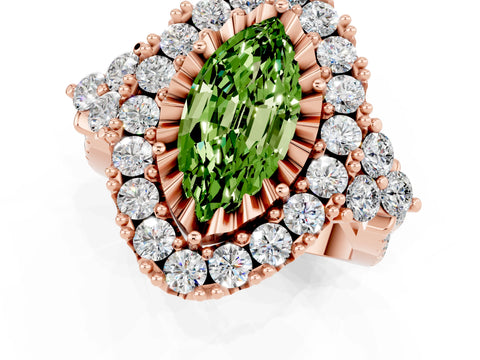 Rose gold Marquise Cut Peridot Halo Ring with Pavé Band and Four-Prong Setting_13