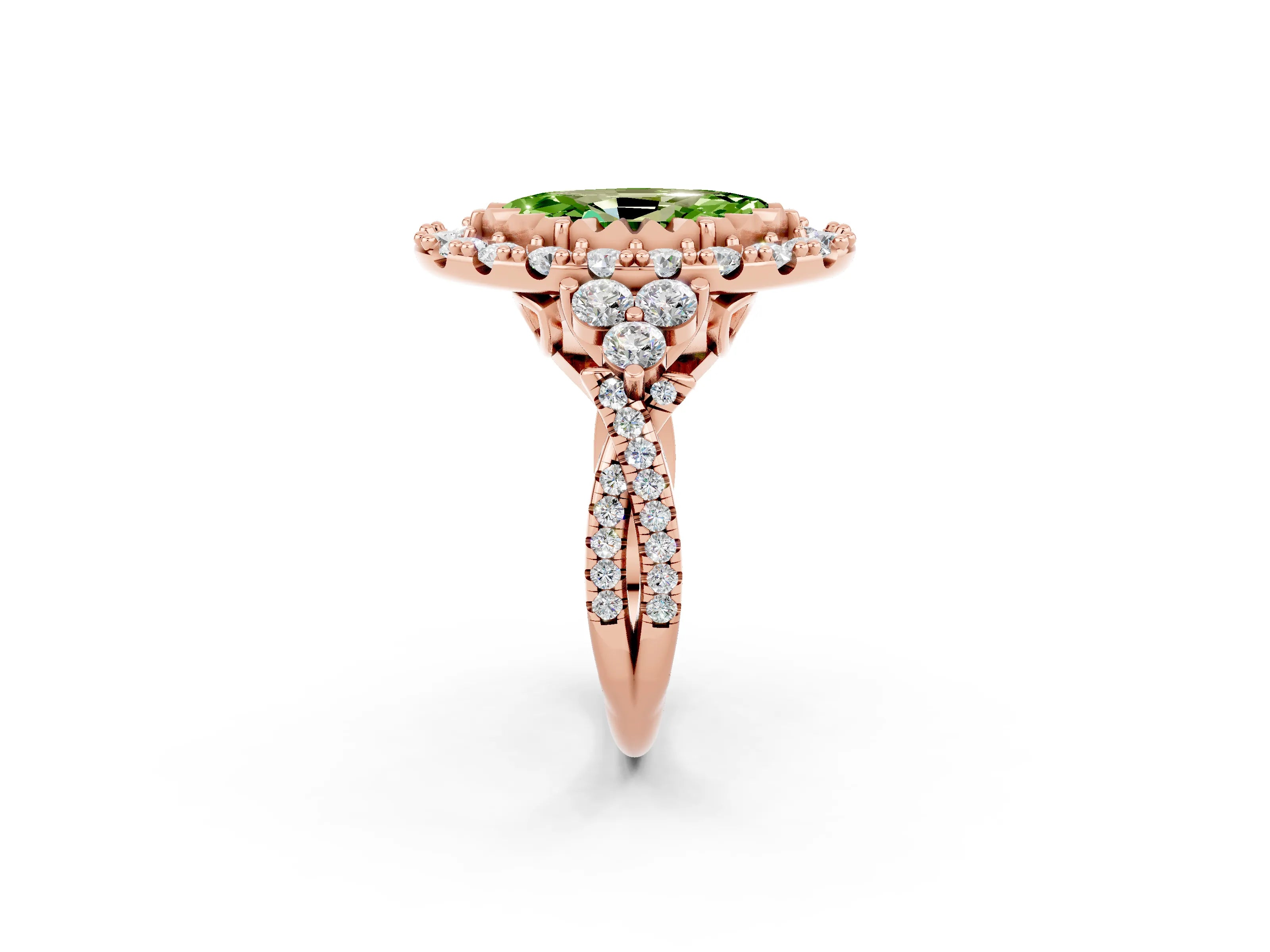 Rose gold Marquise Cut Peridot Halo Ring with Pavé Band and Four-Prong Setting_14