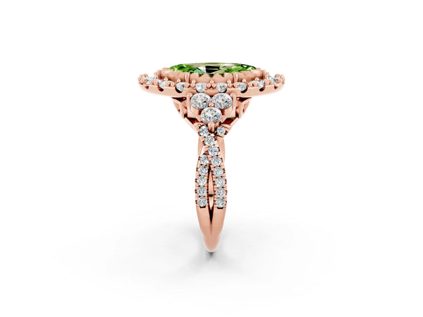Rose gold Marquise Cut Peridot Halo Ring with Pavé Band and Four-Prong Setting