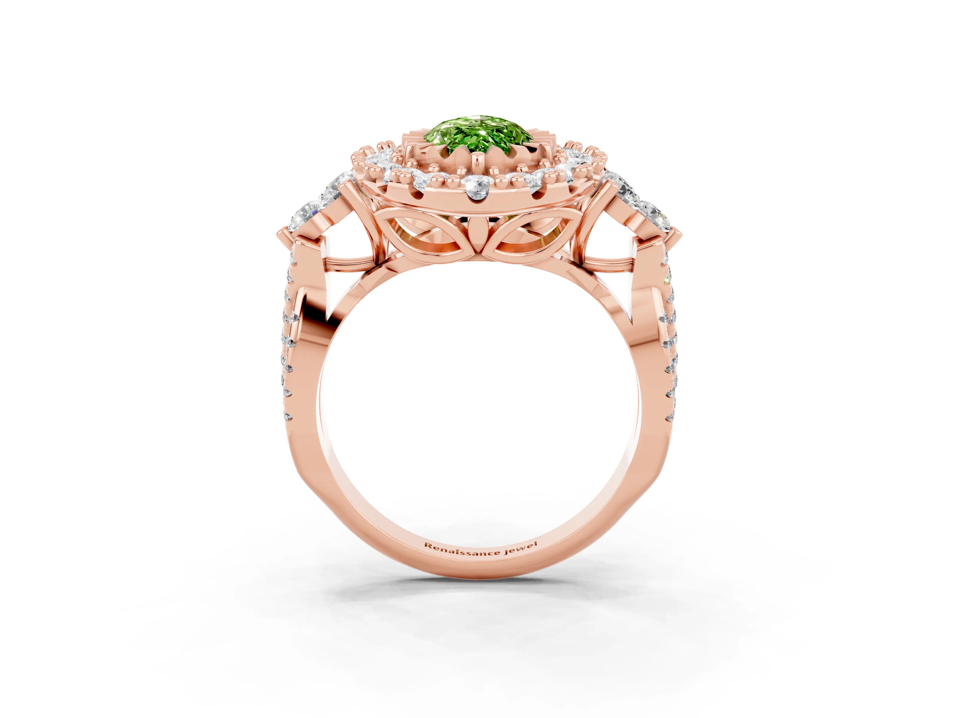 Rose gold Marquise Cut Peridot Halo Ring with Pavé Band and Four-Prong Setting_15