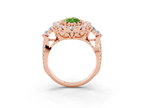 Rose gold Marquise Cut Peridot Halo Ring with Pavé Band and Four-Prong Setting_15