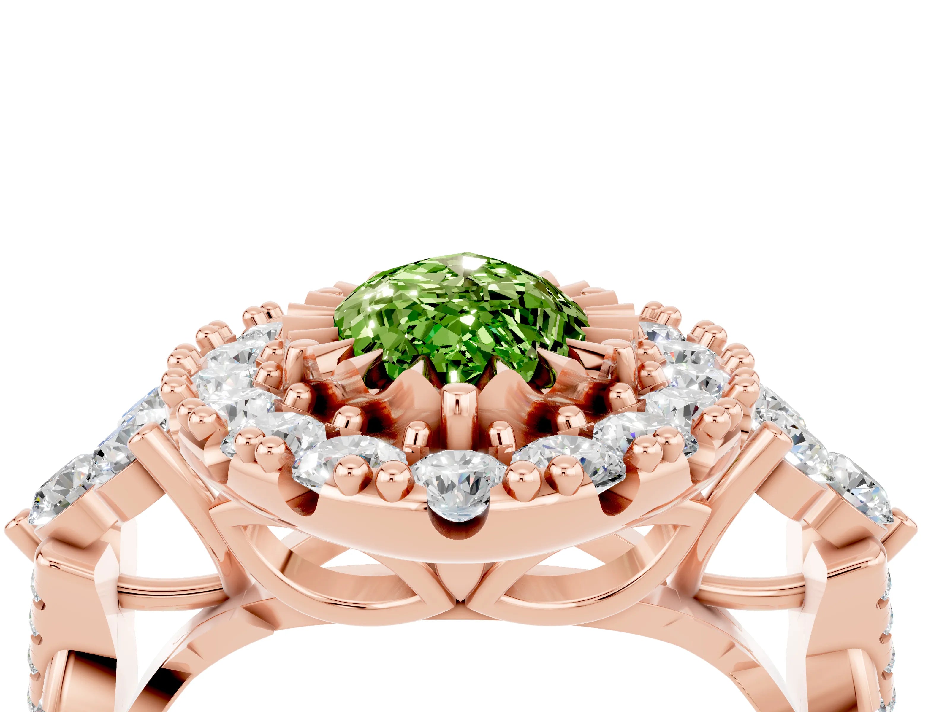 Rose gold Marquise Cut Peridot Halo Ring with Pavé Band and Four-Prong Setting_16