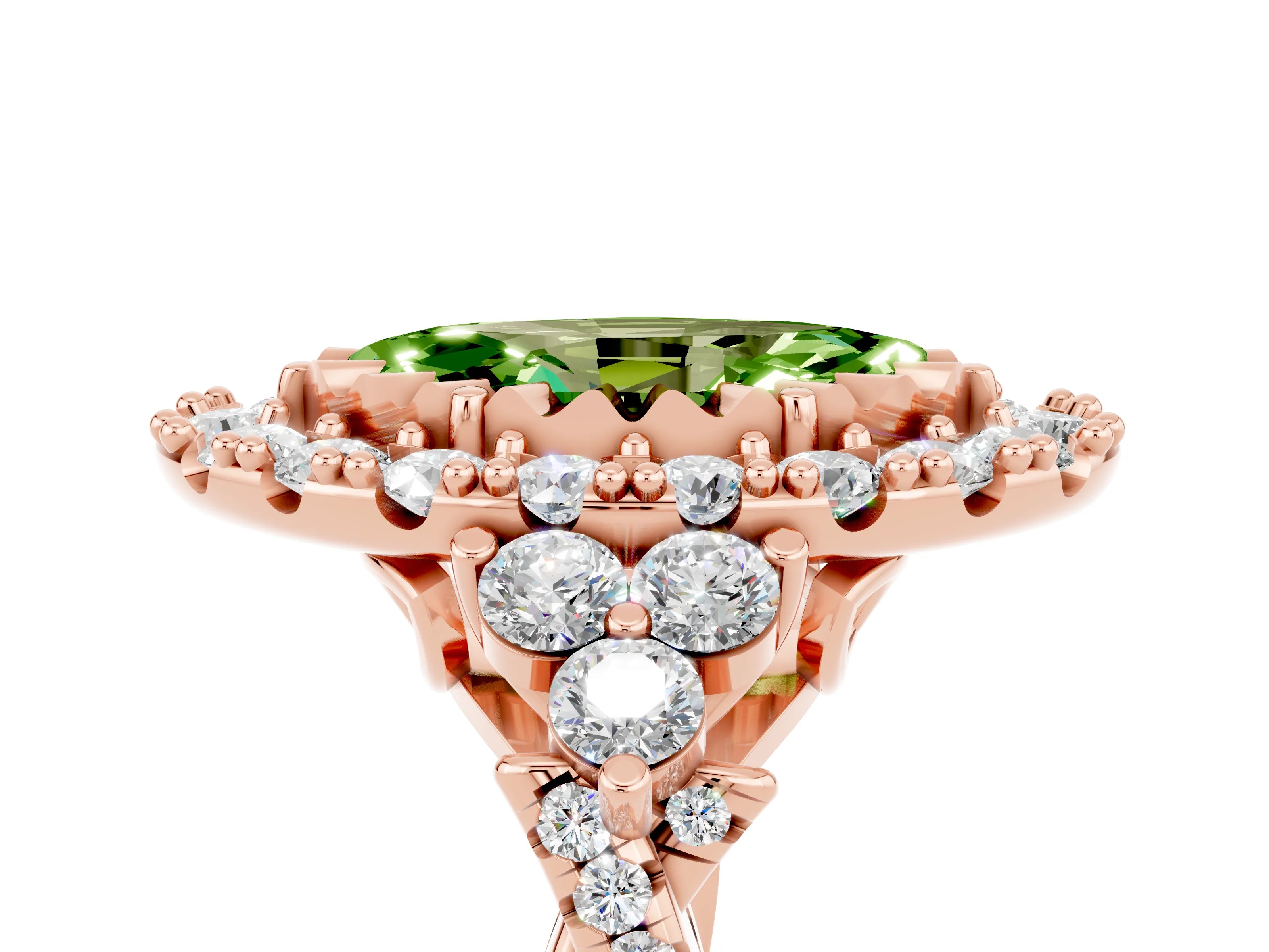 Rose gold Marquise Cut Peridot Halo Ring with Pavé Band and Four-Prong Setting_17