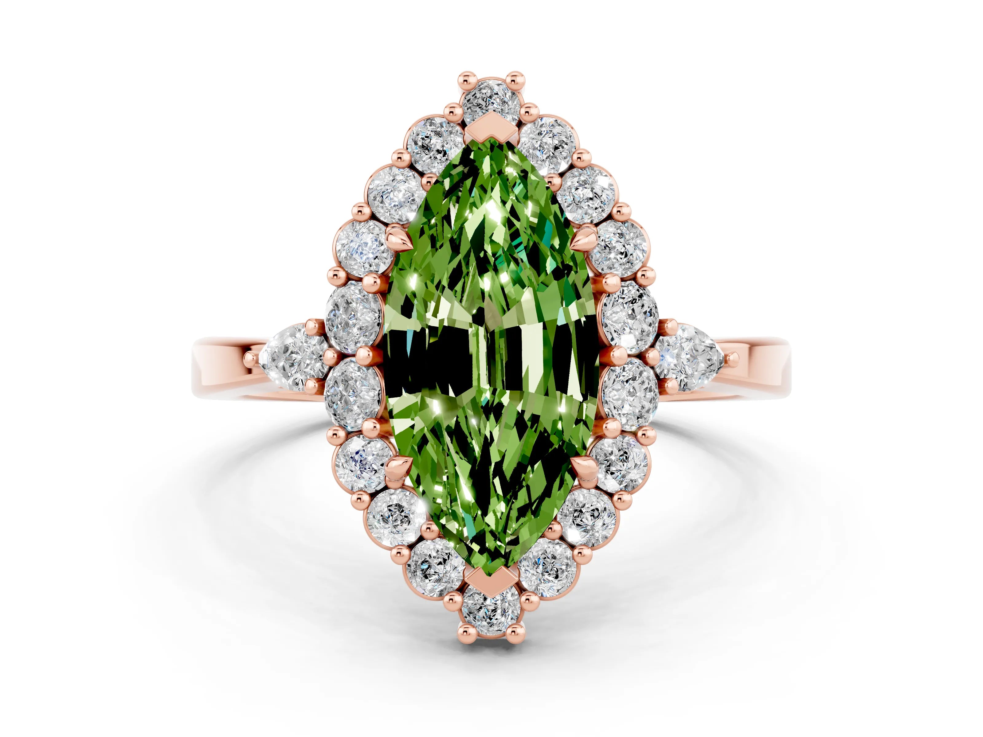 Rose gold Marquise Cut Peridot Halo Ring with Pear Side Stones and Prong Setting_12