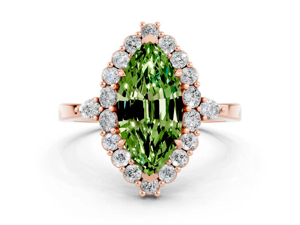 Rose gold Marquise Cut Peridot Halo Ring with Pear Side Stones and Prong Setting