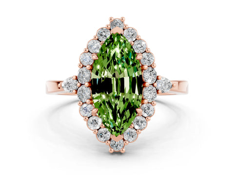 Rose gold Marquise Cut Peridot Halo Ring with Pear Side Stones and Prong Setting_12