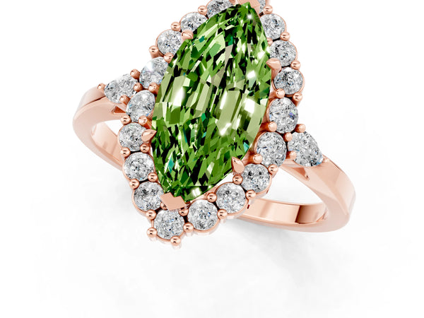 Rose gold Marquise Cut Peridot Halo Ring with Pear Side Stones and Prong Setting