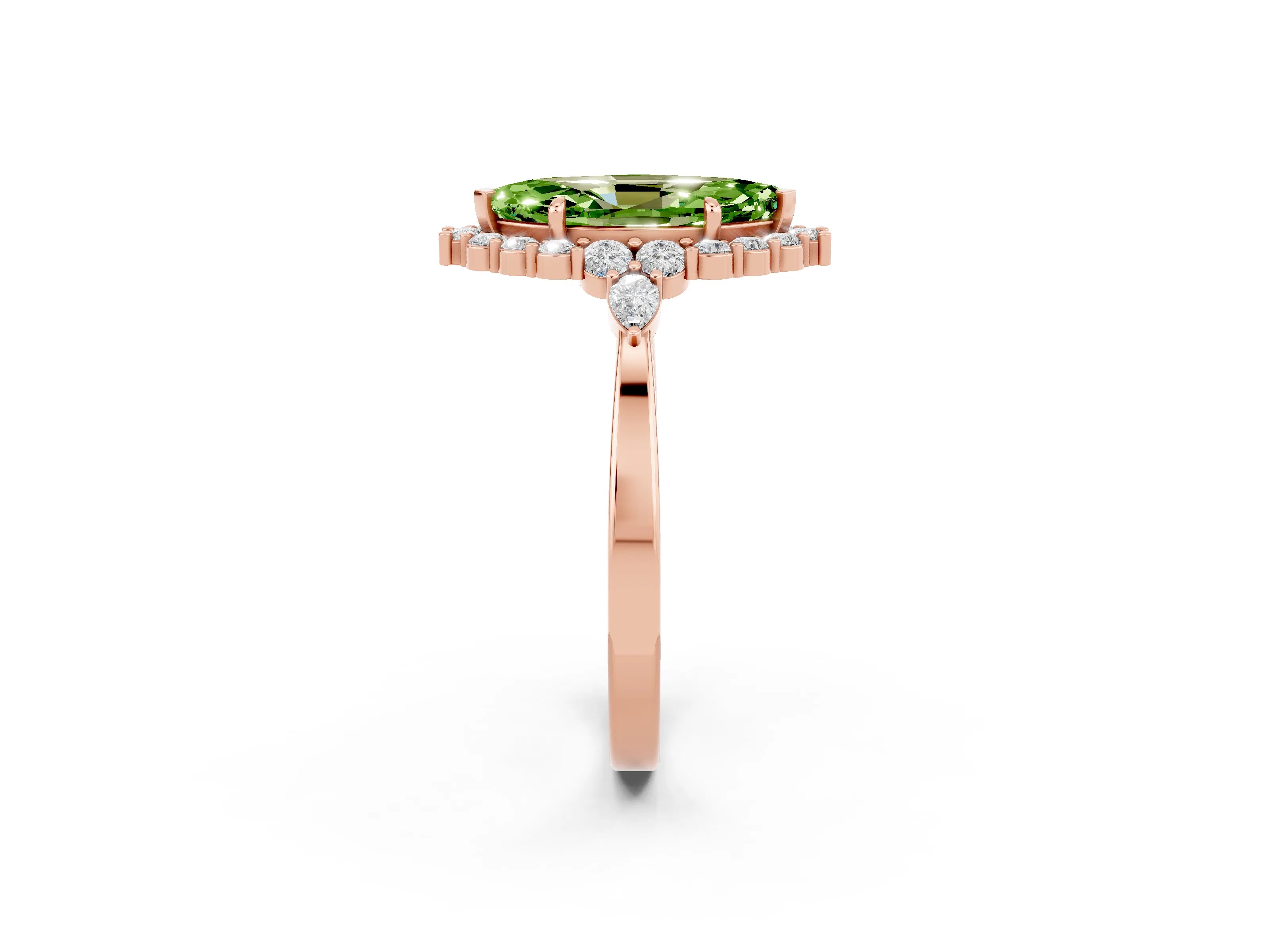 Rose gold Marquise Cut Peridot Halo Ring with Pear Side Stones and Prong Setting_14