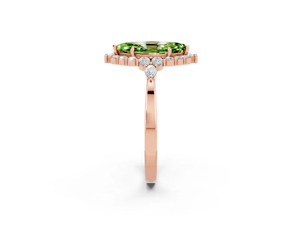 Rose gold Marquise Cut Peridot Halo Ring with Pear Side Stones and Prong Setting