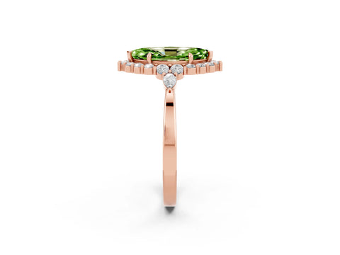 Rose gold Marquise Cut Peridot Halo Ring with Pear Side Stones and Prong Setting_14