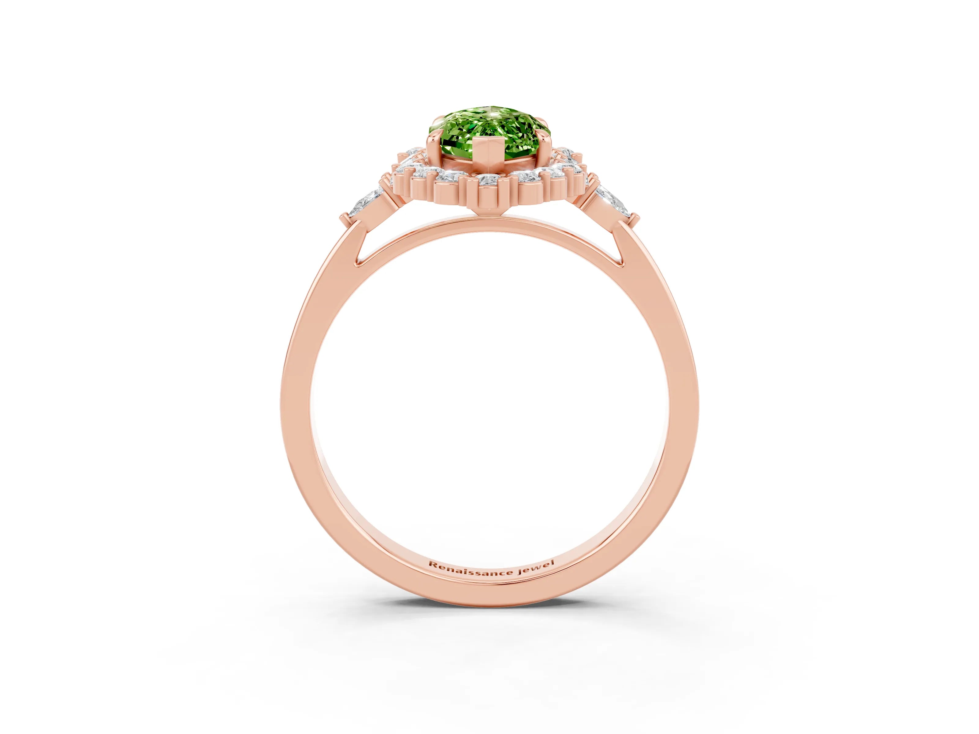 Rose gold Marquise Cut Peridot Halo Ring with Pear Side Stones and Prong Setting_15