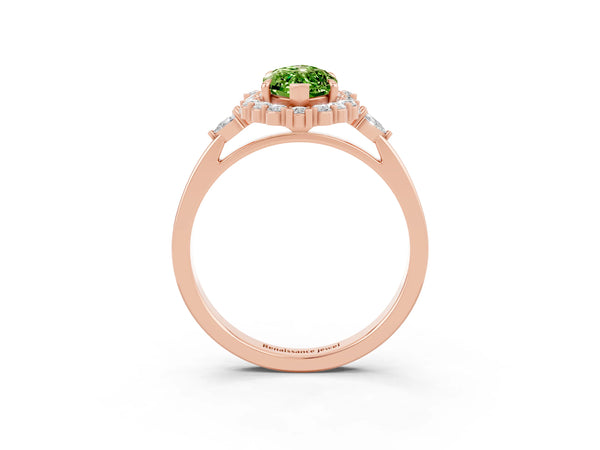 Rose gold Marquise Cut Peridot Halo Ring with Pear Side Stones and Prong Setting