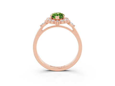 Rose gold Marquise Cut Peridot Halo Ring with Pear Side Stones and Prong Setting_15