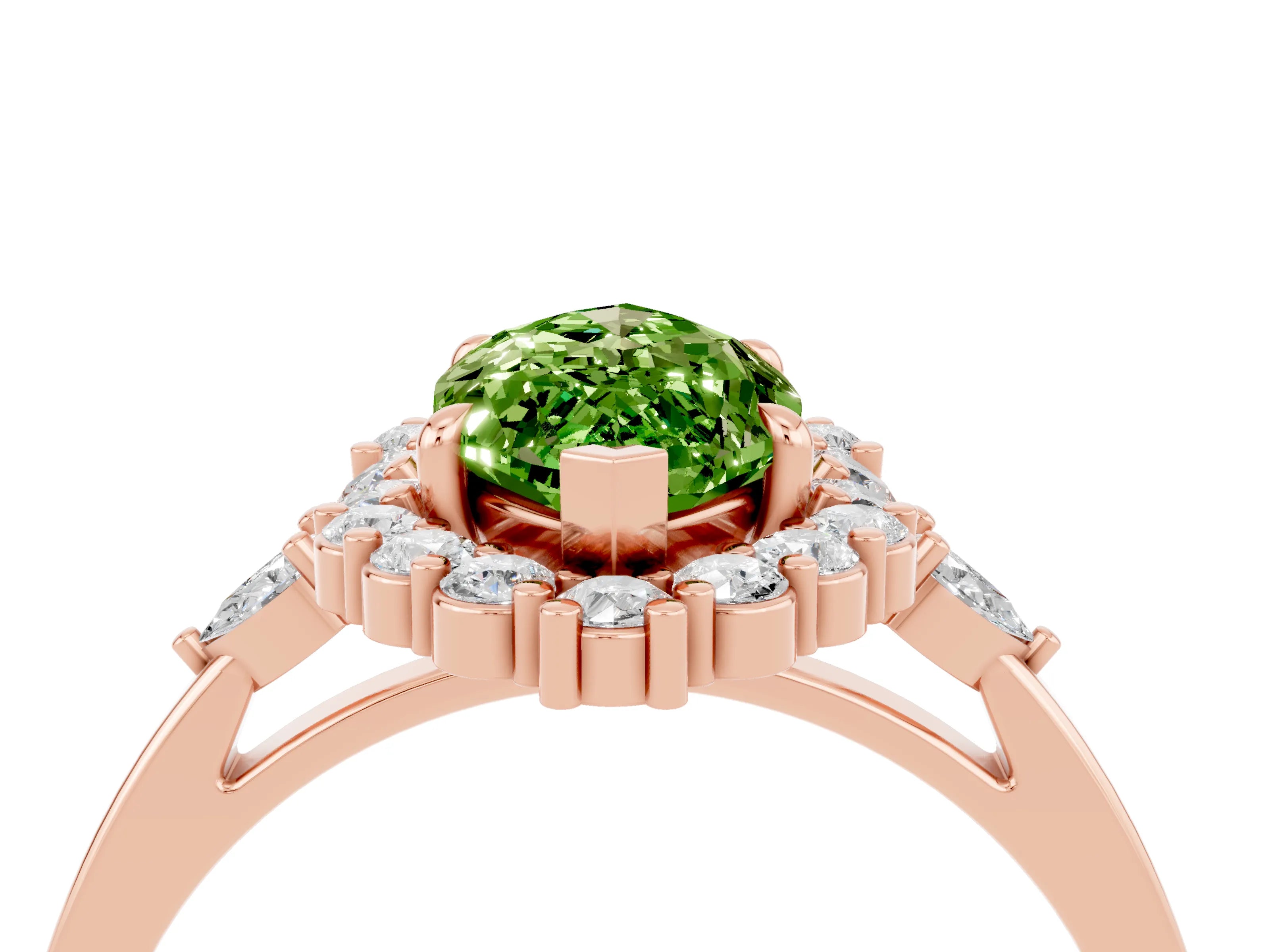 Rose gold Marquise Cut Peridot Halo Ring with Pear Side Stones and Prong Setting_16