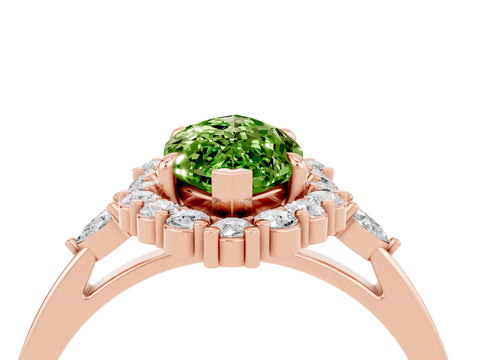 Rose gold Marquise Cut Peridot Halo Ring with Pear Side Stones and Prong Setting_16