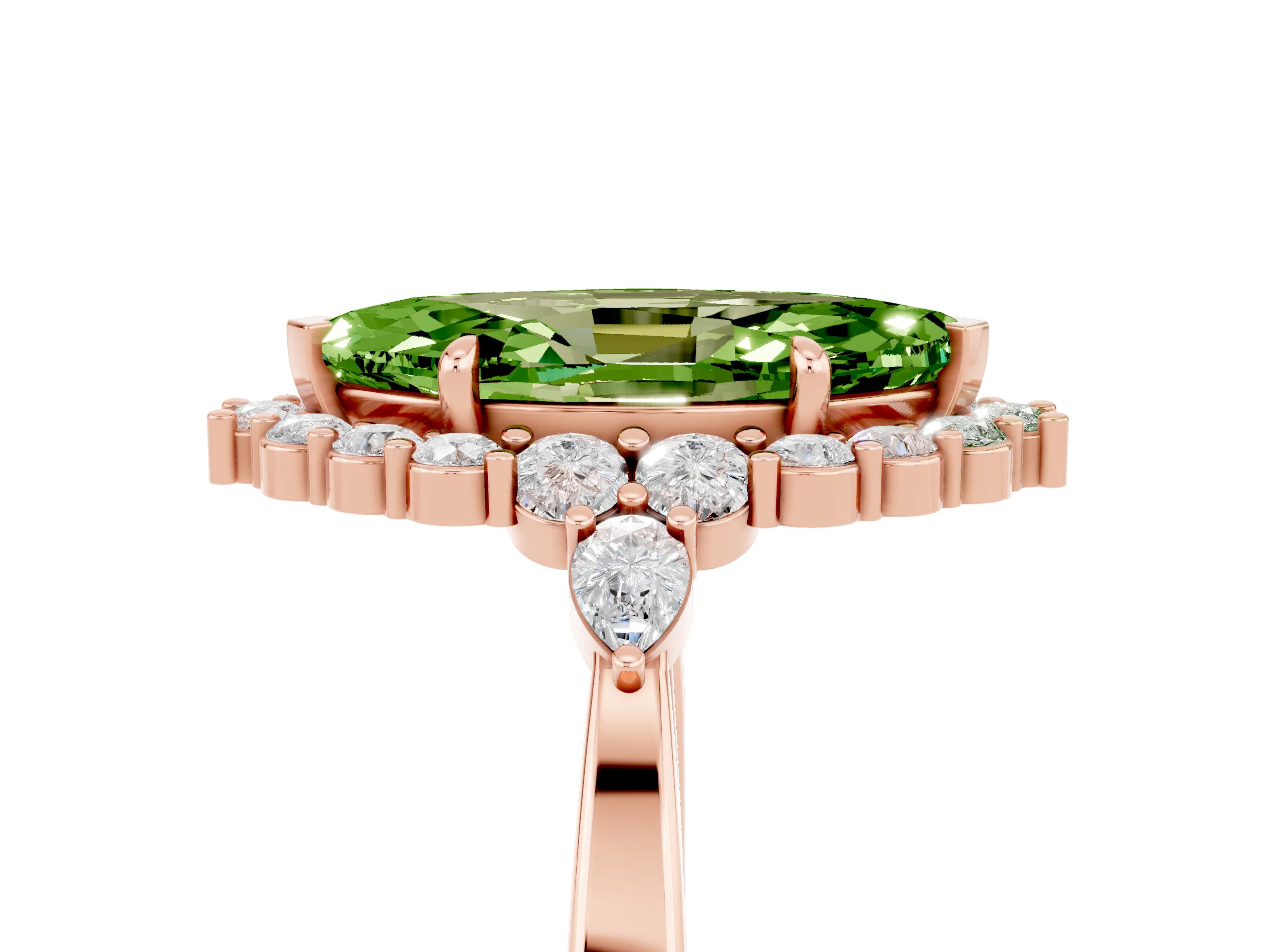 Rose gold Marquise Cut Peridot Halo Ring with Pear Side Stones and Prong Setting_17