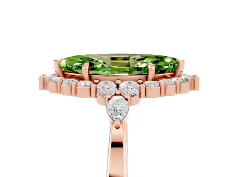 Rose gold Marquise Cut Peridot Halo Ring with Pear Side Stones and Prong Setting_17