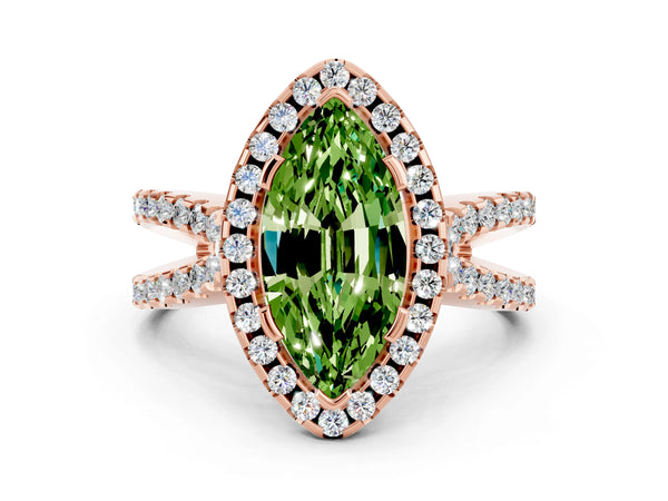 Rose gold Marquise Cut Peridot Halo Ring with Split Shank Pavé Band and Prong Setting