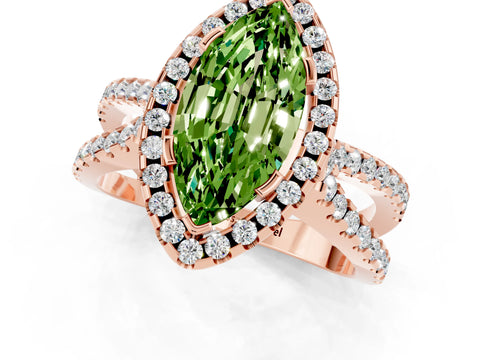 Rose gold Marquise Cut Peridot Halo Ring with Split Shank Pavé Band and Prong Setting_1