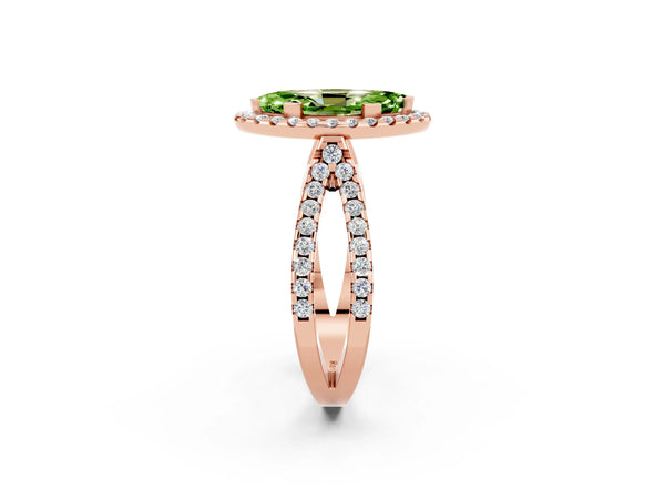 Rose gold Marquise Cut Peridot Halo Ring with Split Shank Pavé Band and Prong Setting