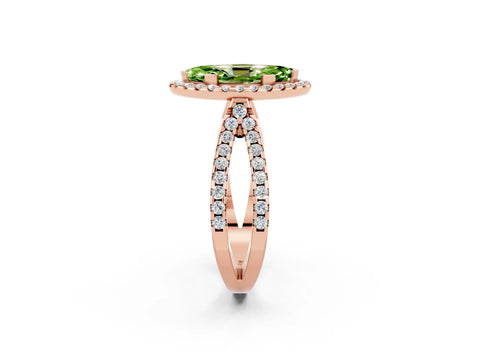 Rose gold Marquise Cut Peridot Halo Ring with Split Shank Pavé Band and Prong Setting_2