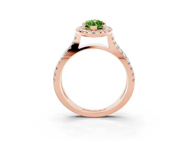 Rose gold Marquise Cut Peridot Halo Ring with Split Shank Pavé Band and Prong Setting