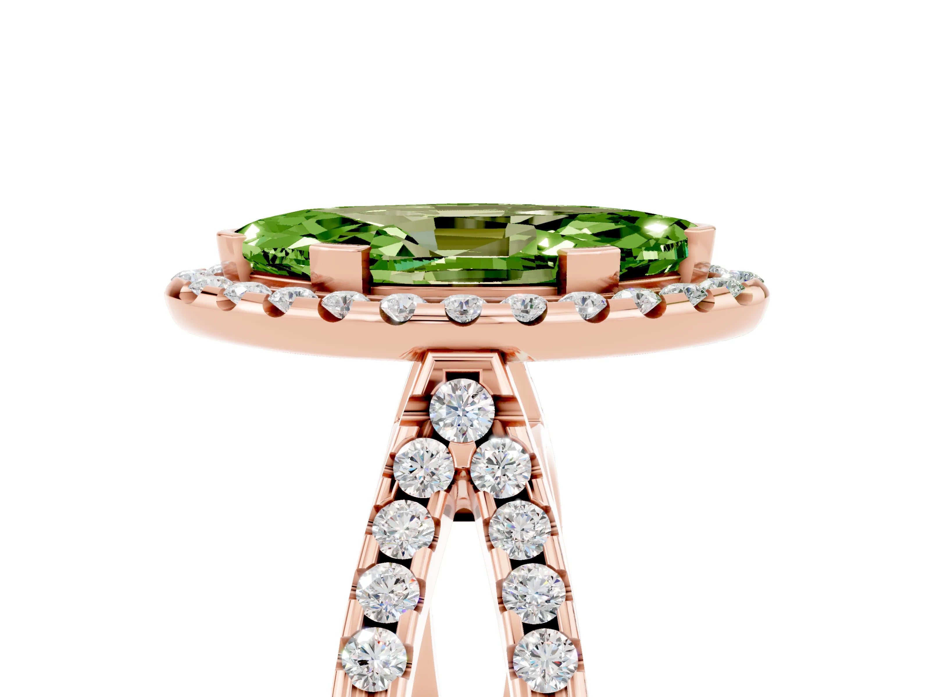 Rose gold Marquise Cut Peridot Halo Ring with Split Shank Pavé Band and Prong Setting_5