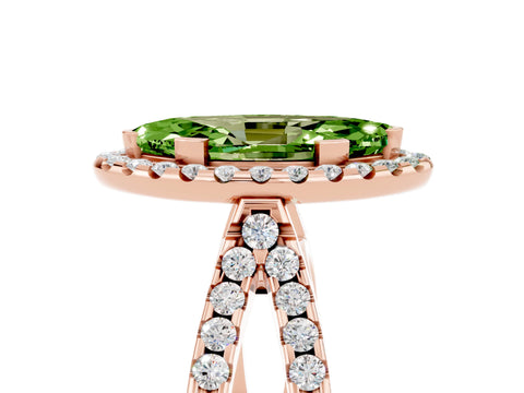 Rose gold Marquise Cut Peridot Halo Ring with Split Shank Pavé Band and Prong Setting_5