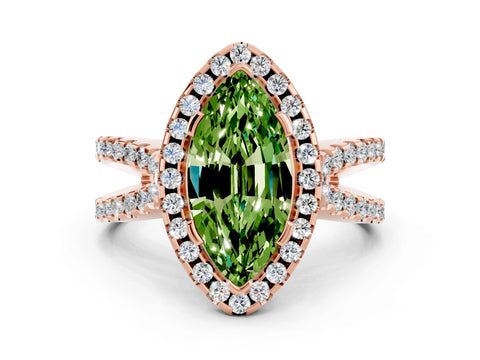 Rose gold Marquise Cut Peridot Halo Ring with Split Shank Pavé Band and Prong Setting