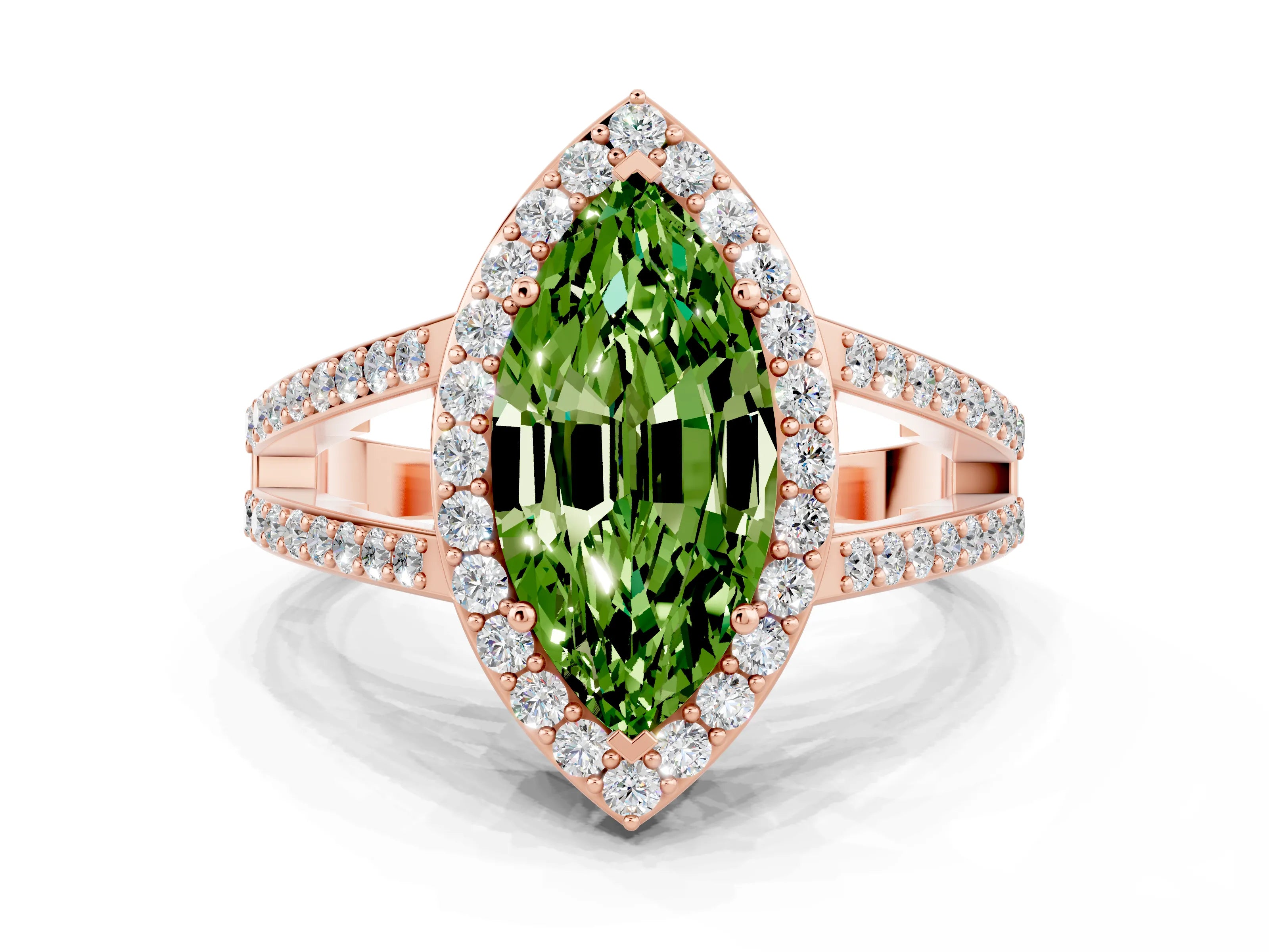 Rose gold Marquise Cut Peridot Halo Ring with Split Shank U-Prong Band and Four-Prong Setting