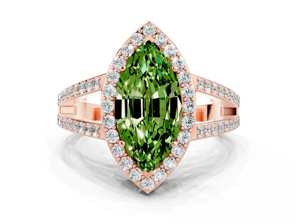 Rose gold Marquise Cut Peridot Halo Ring with Split Shank U-Prong Band and Four-Prong Setting