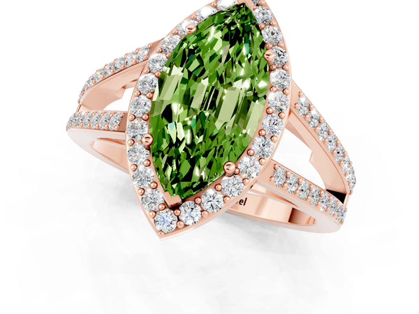 Rose gold Marquise Cut Peridot Halo Ring with Split Shank U-Prong Band and Four-Prong Setting