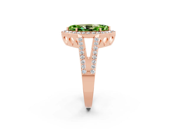 Rose gold Marquise Cut Peridot Halo Ring with Split Shank U-Prong Band and Four-Prong Setting
