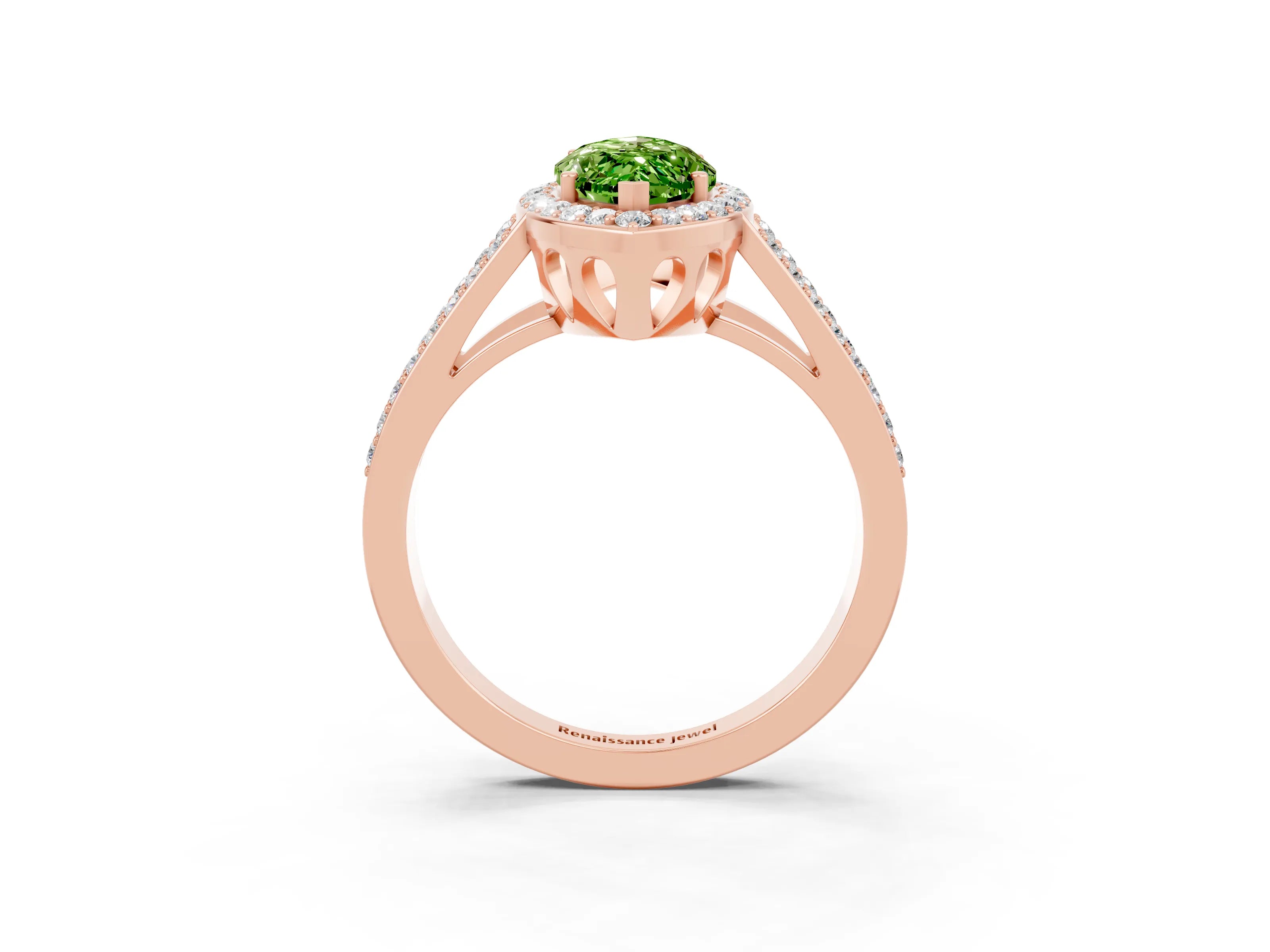 Rose gold Marquise Cut Peridot Halo Ring with Split Shank U-Prong Band and Four-Prong Setting_3