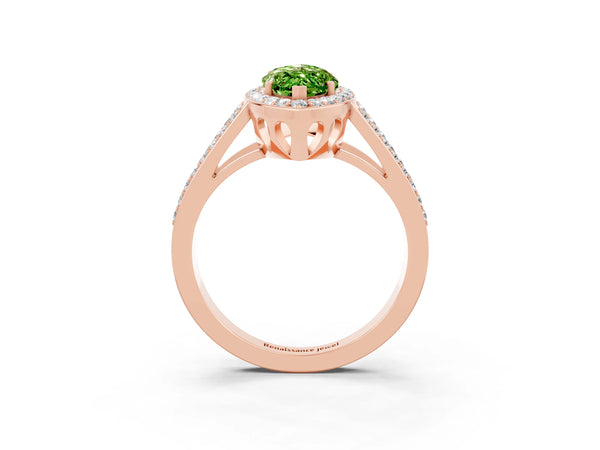 Rose gold Marquise Cut Peridot Halo Ring with Split Shank U-Prong Band and Four-Prong Setting