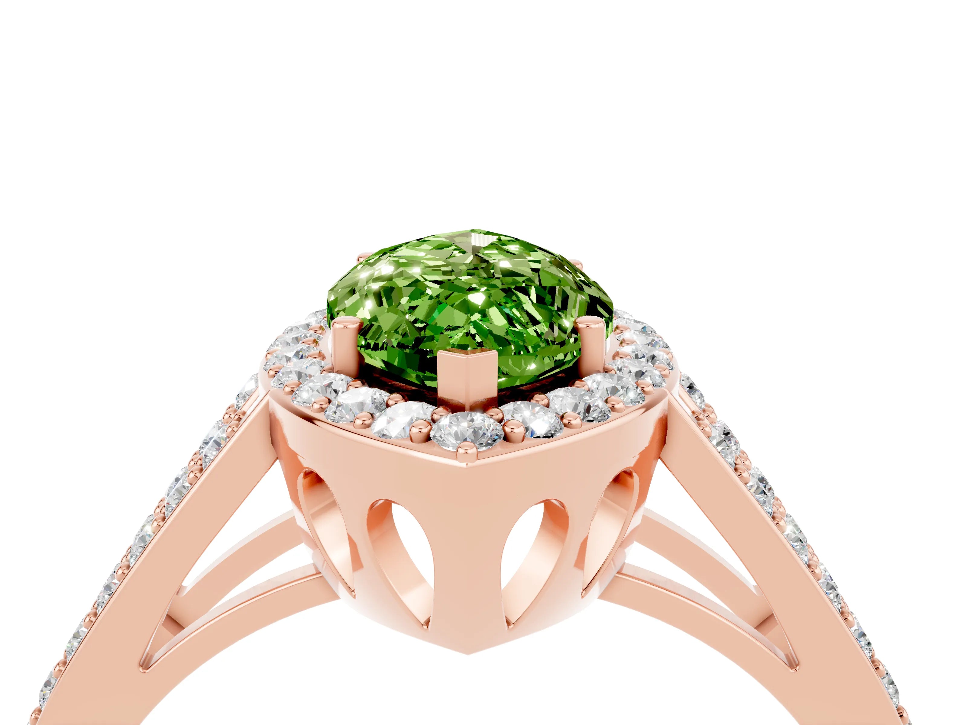 Rose gold Marquise Cut Peridot Halo Ring with Split Shank U-Prong Band and Four-Prong Setting_4