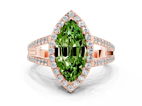 Rose gold Marquise Cut Peridot Halo Ring with Split Shank U-Prong Band and Four-Prong Setting