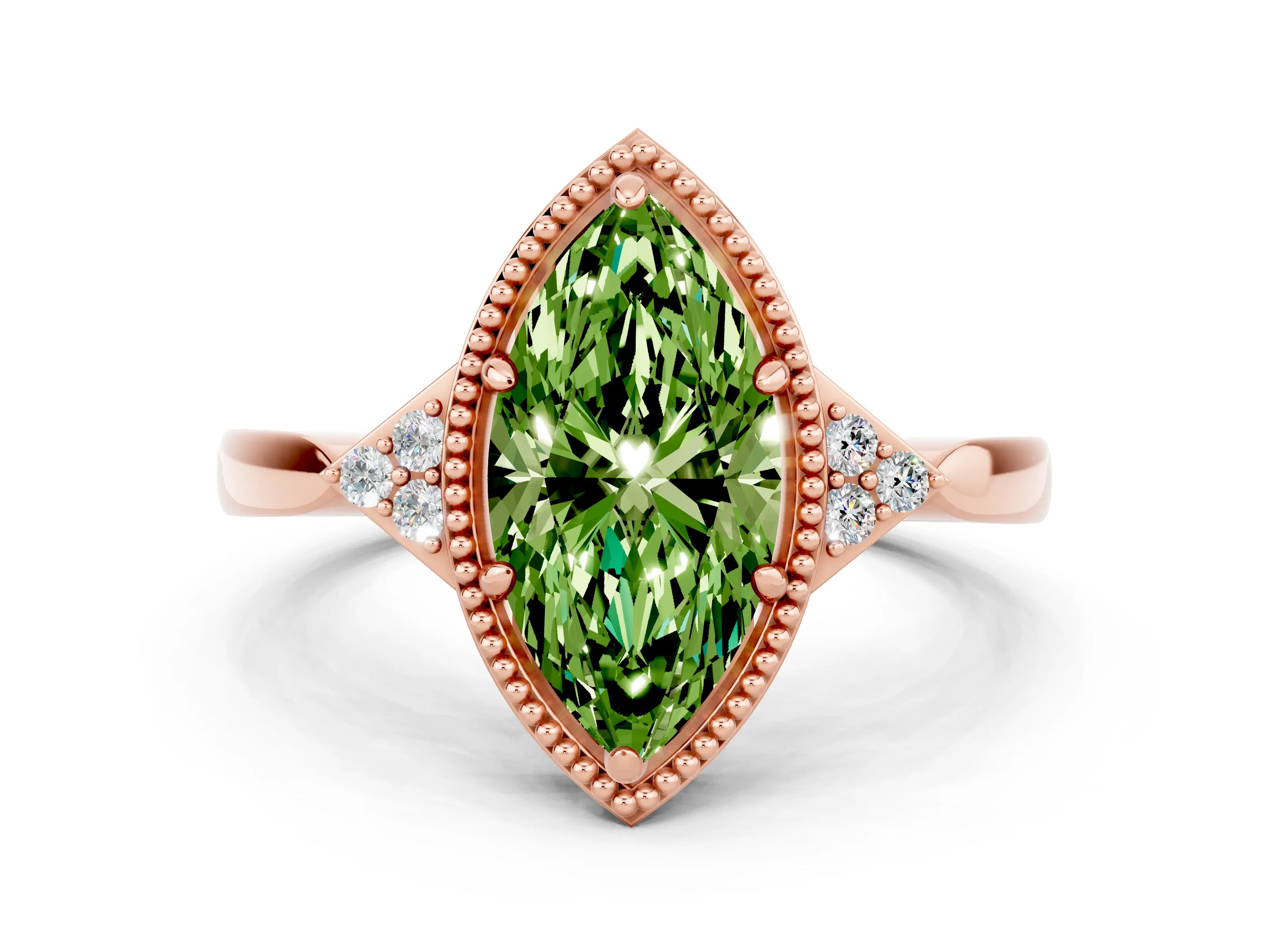 Rose gold Marquise Cut Peridot Halo Ring with Tapered Band and Four-Prong Setting