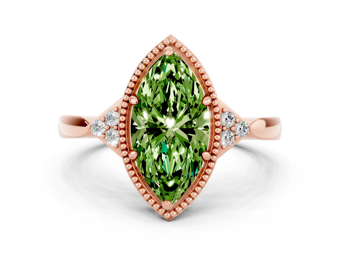 Rose gold Marquise Cut Peridot Halo Ring with Tapered Band and Four-Prong Setting