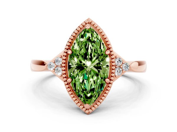 Rose gold Marquise Cut Peridot Halo Ring with Tapered Band and Four-Prong Setting