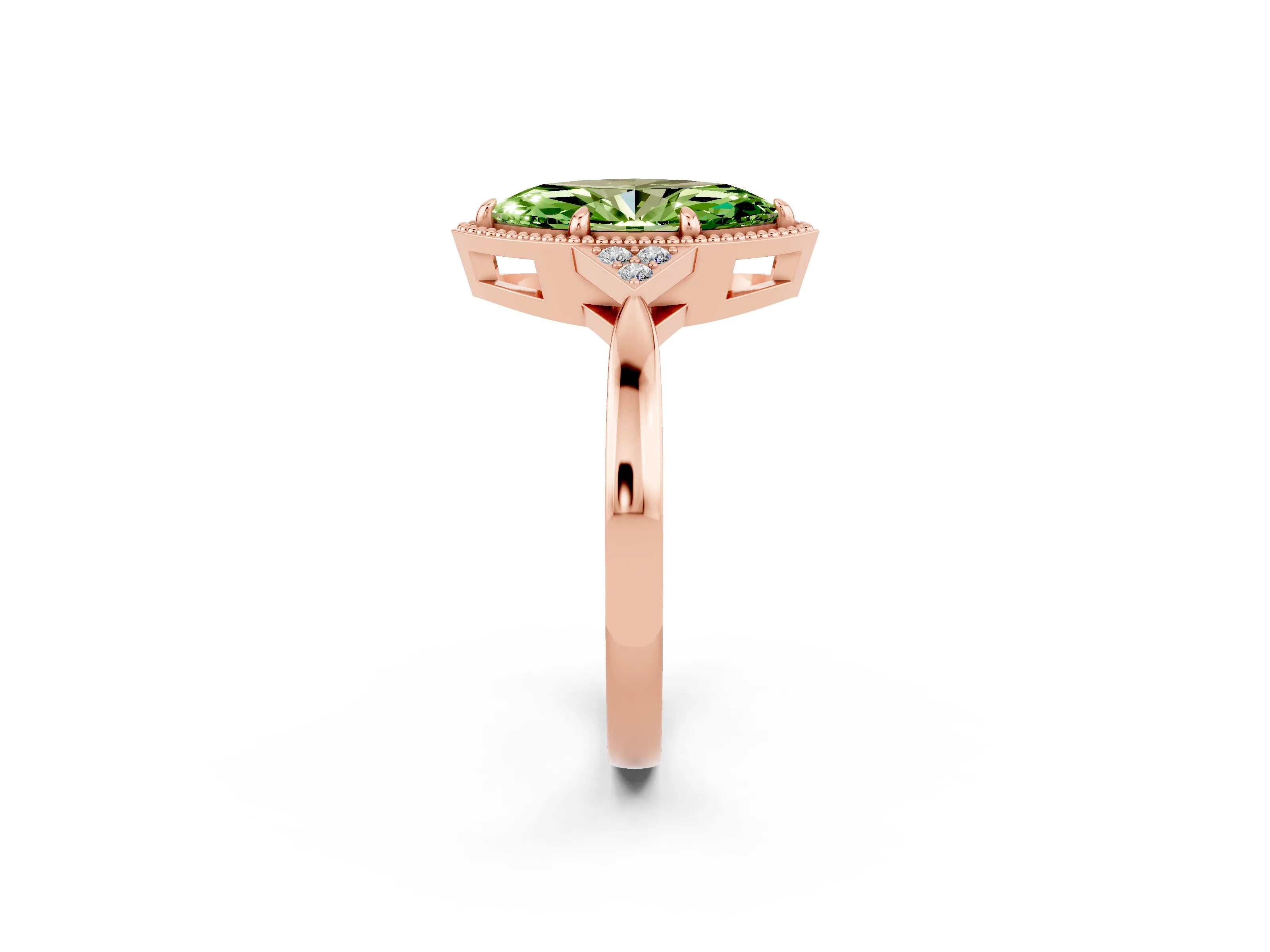 Rose gold Marquise Cut Peridot Halo Ring with Tapered Band and Four-Prong Setting_2