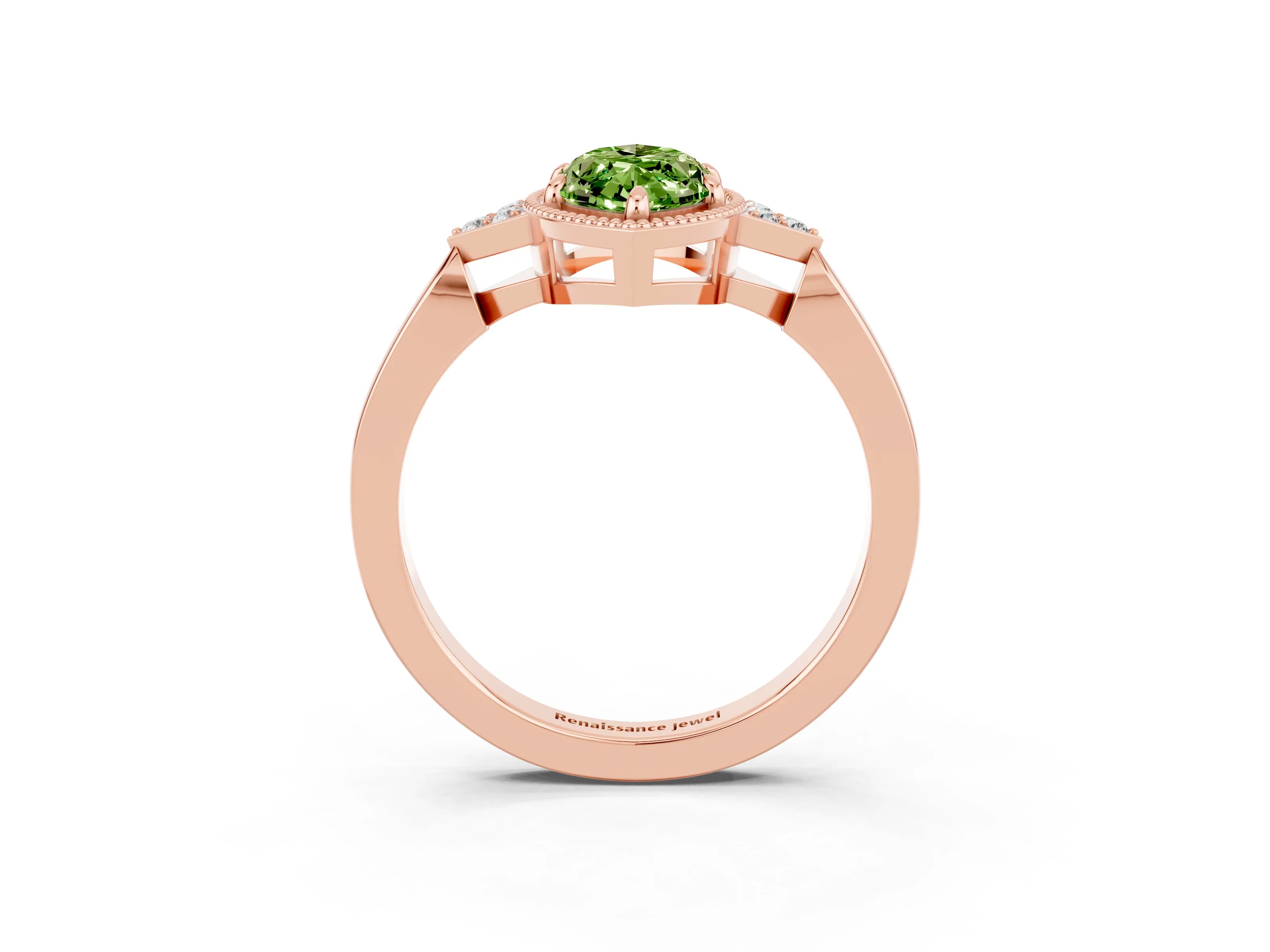 Rose gold Marquise Cut Peridot Halo Ring with Tapered Band and Four-Prong Setting_3