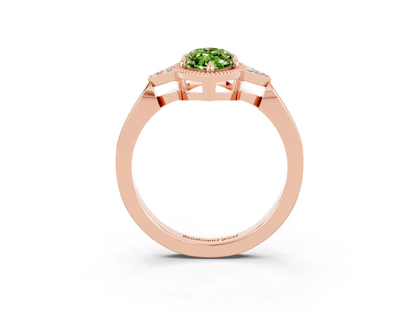 Rose gold Marquise Cut Peridot Halo Ring with Tapered Band and Four-Prong Setting