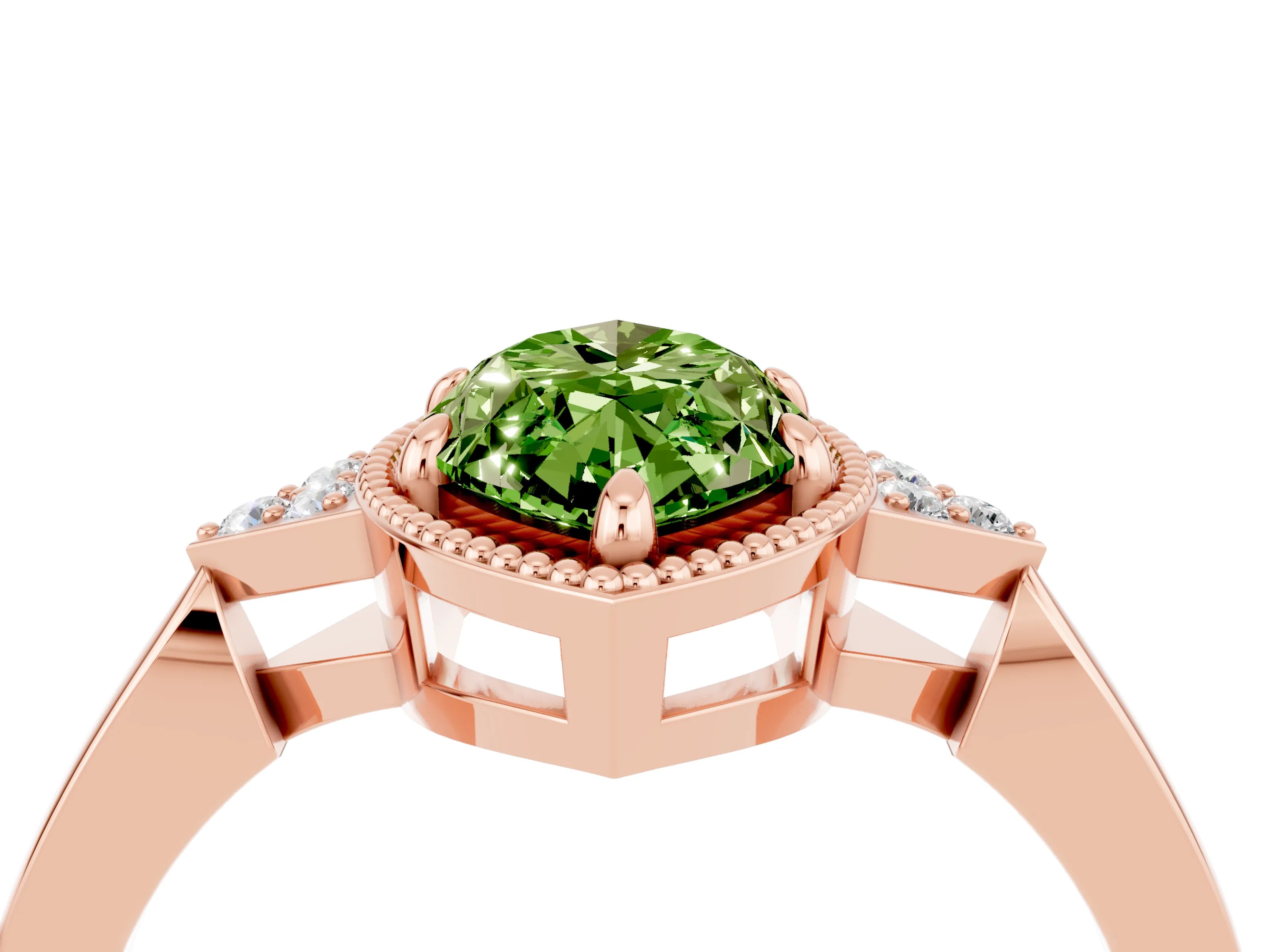 Rose gold Marquise Cut Peridot Halo Ring with Tapered Band and Four-Prong Setting_4